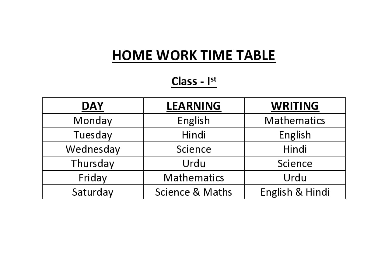 Homework Time Table – St. Giri School