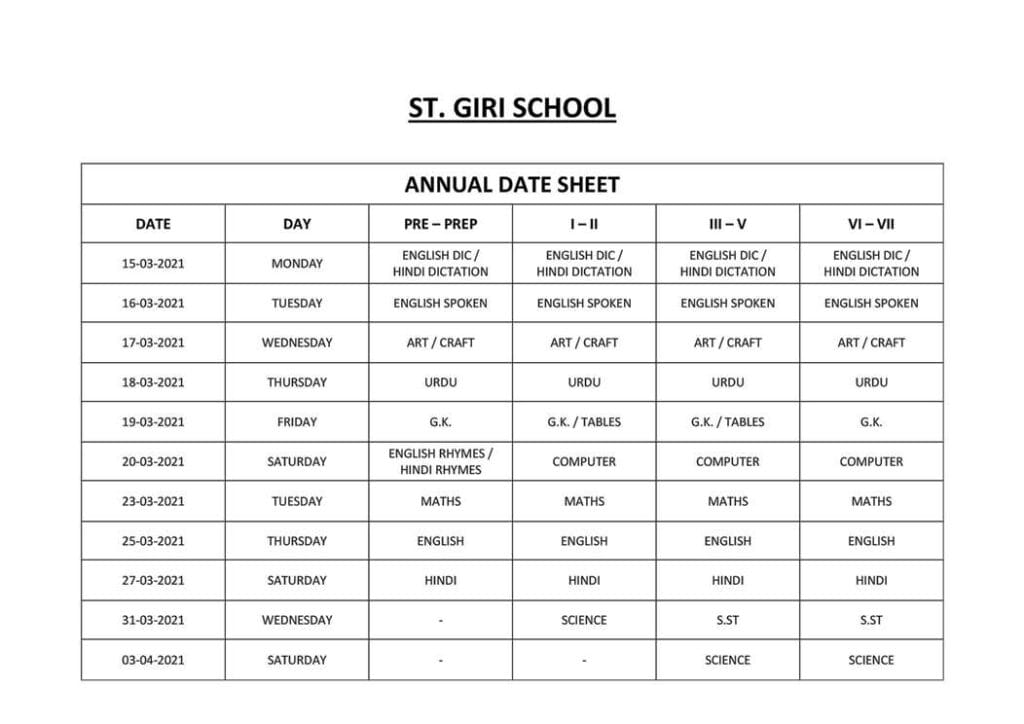 Date sheet - St. Giri School